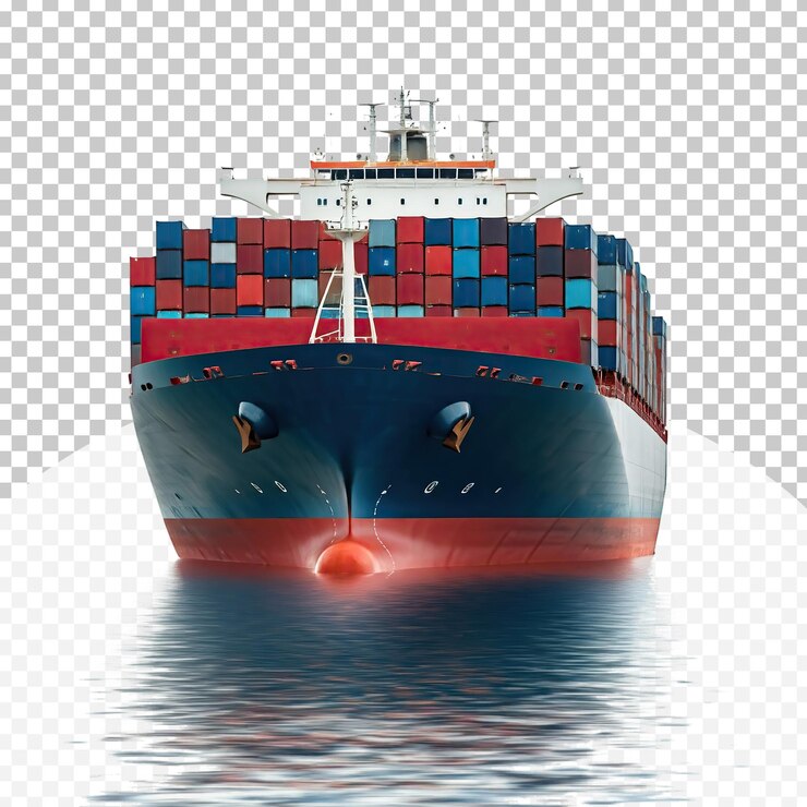 PSD gran buque de carga en un fondo transparente que se refleja en el agua