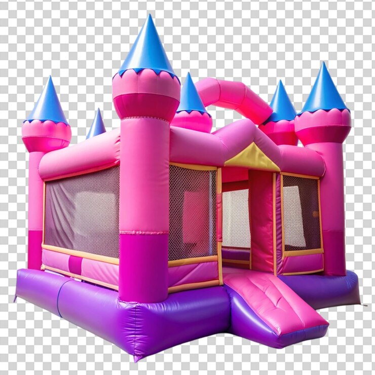 PSD un gran castillo inflable con un tobogán y un foso en un fondo transparente