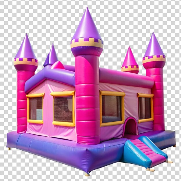 Un gran castillo inflable con un tobogán y un foso en un fondo transparente