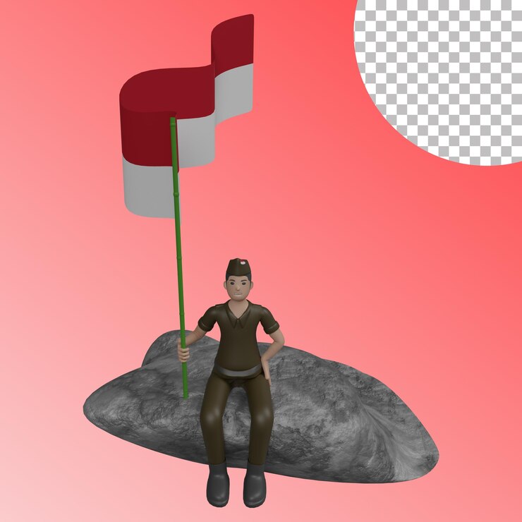 Gran día indonesio hombre con asta de bandera