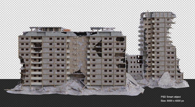 Gran edificio dañado después de la guerra aislado render 3d