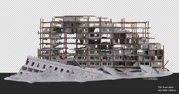 PSD gran edificio dañado después de la guerra aislado render 3d