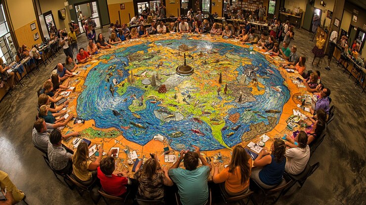 PSD un gran grupo de personas se reunieron alrededor de una tabla gigante de mapas del mundo de colores