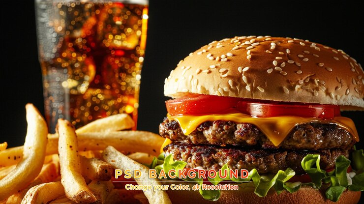 PSD gran hamburguesa de queso con un vaso de cola y papas fritas en un escritorio de madera negra