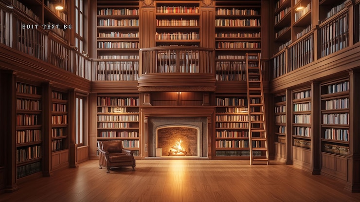 PSD gran interior de la biblioteca con estantería de la chimenea y sillón de cuero