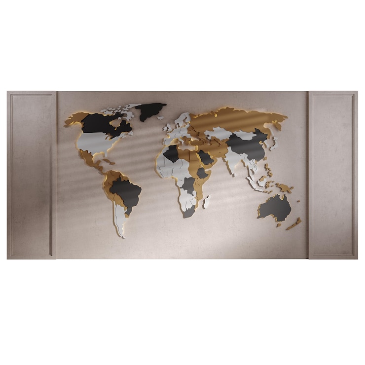 PSD un gran mapa del mundo enmarcado en dorado y negro el mapa está hecho de madera y tiene un borde dorado