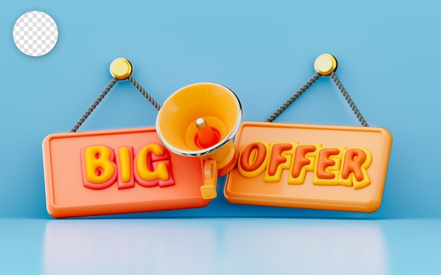 gran oferta cartel colgante con megáfono 3d render concepto para gran anuncio de compras