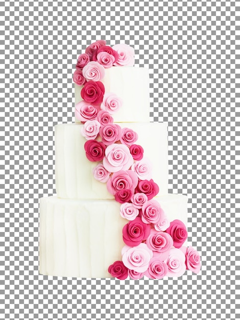 PSD gran pastel de bodas decorado con flores rosas y blancas sobre fondo transparente