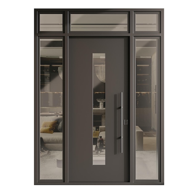 Una gran puerta negra con un panel de vidrio en el medio