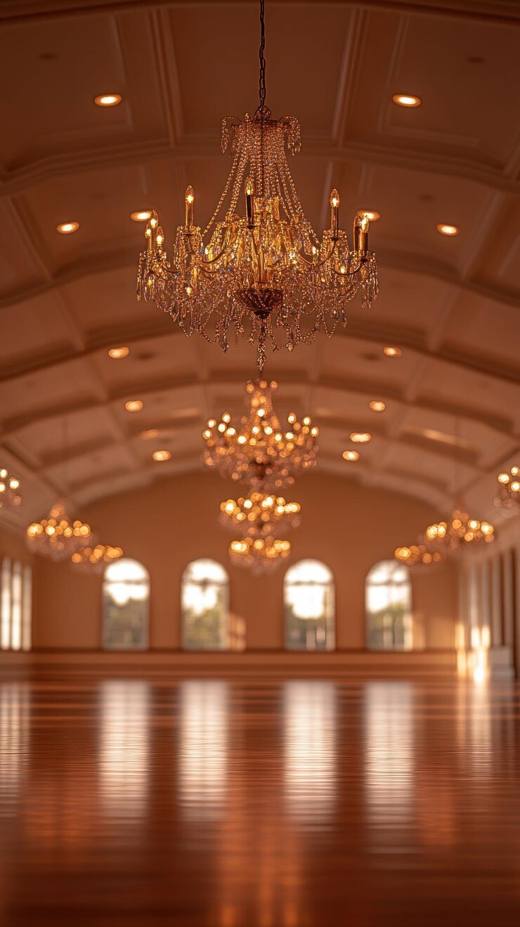 PSD un gran salón de baile con grandes candelabros de cristal colgando de un techo alto