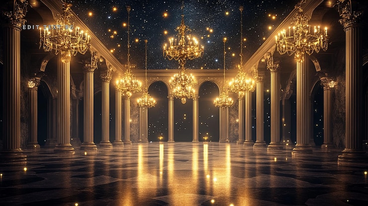 PSD gran salón de baile con lustres relucientes columnas de mármol y techo nocturno estrellado