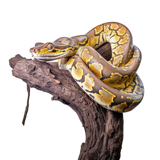 Una gran serpiente amarilla y marrón en la rama de un árbol aislada en blanco png transparente ia generativa