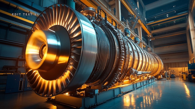 PSD gran turbina de gas industrial en el entorno de la fábrica de color naranja brillante