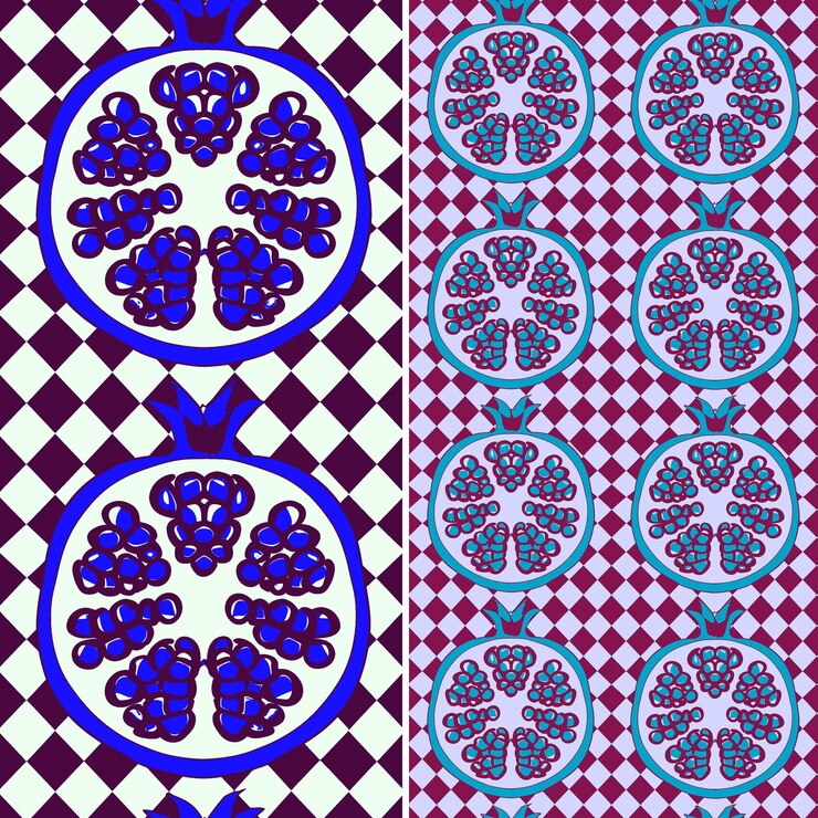 PSD granada con arilos y semillas diseño con tablero de ajedrez pa vector de patrón de frutas tropicales único