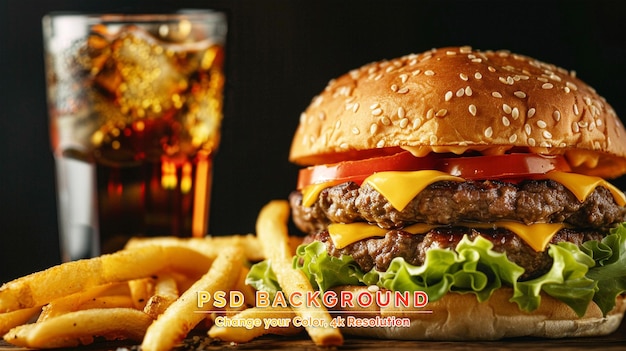 PSD un grand cheeseburger avec un verre de cola et des frites sur un bureau en bois noir.