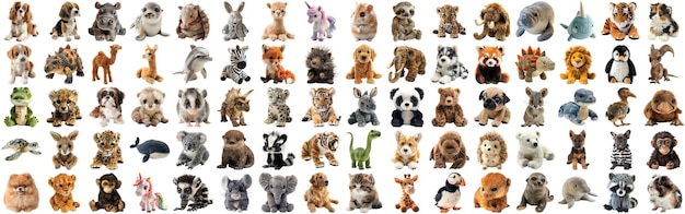 PSD grand ensemble de poupées d'animaux mignons et moelleux pour enfants jouets isolés à l'arrière-plan aig44