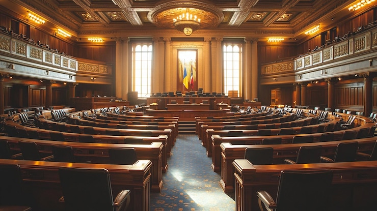 PSD grand legislative chamber interior showcasing rows of empty wooden seats a raised platform and large windows illuminating the space