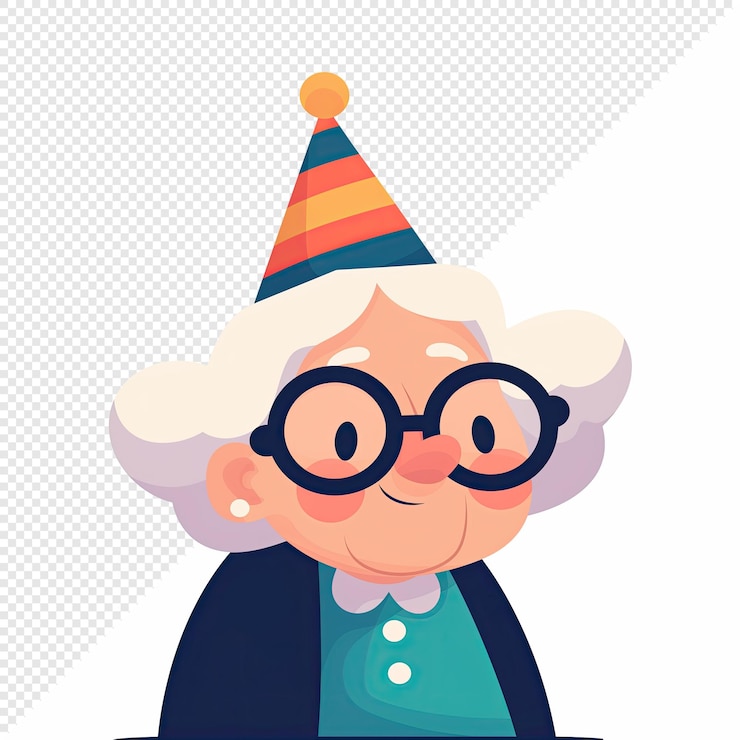 PSD la grand-mère sourit heureuse en portant un chapeau d'anniversaire.