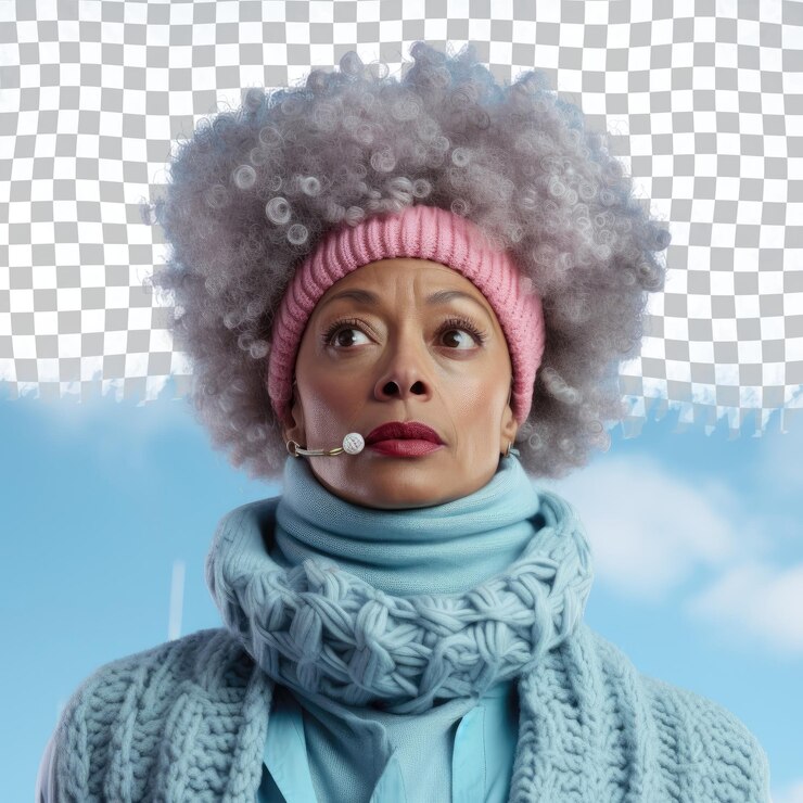 PSD grand-mère à tricoter scandinave regrettée avec des cheveux kinky dans une pose dramatique contre le ciel bleu pastel