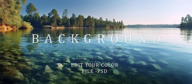 PSD grand panorama du lac vert, de la caste bleue à l'aube, de la lumière du soleil et des ombres sur l'eau.
