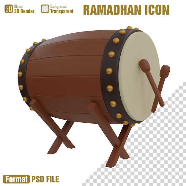 Un grand tambour avec un support en bois qui dit l'icône du ramadan.