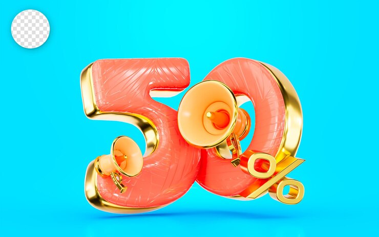 PSD grande annunciare un'offerta di sconto del 50 percento con il concetto di rendering 3d del bordo dorato del mega telefono per la vendita