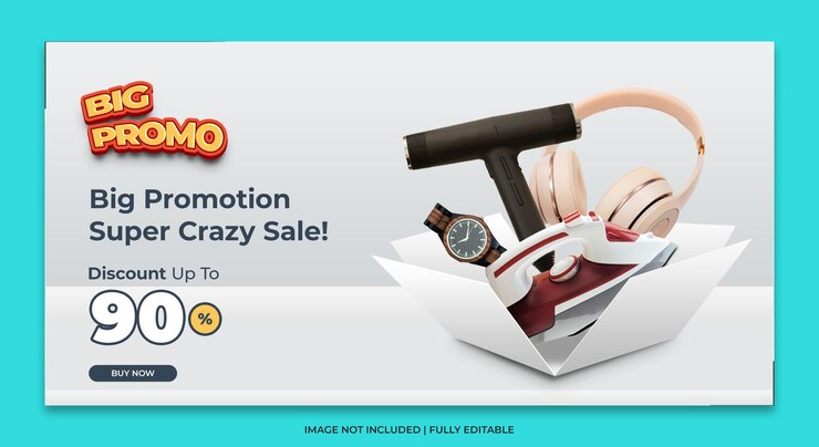 PSD grande bannière promotionnelle vente super folle avec une boîte à vendre produit