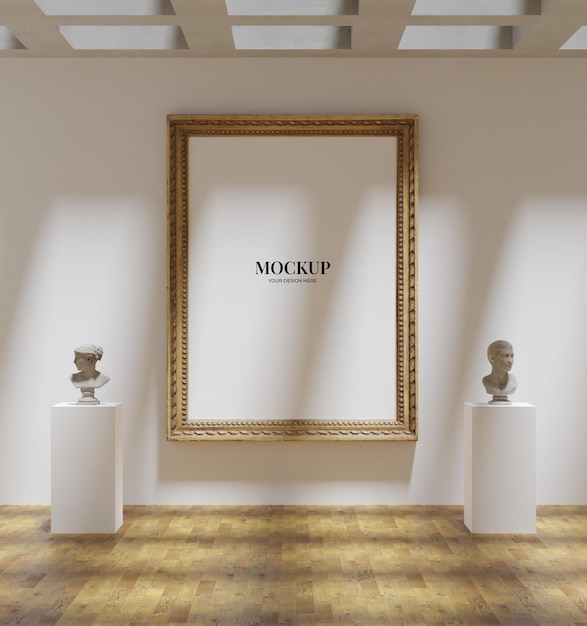 grande et classique affiche de maquette avec cadre en bois sur le musée entre une statue pour votre œuvre d'art