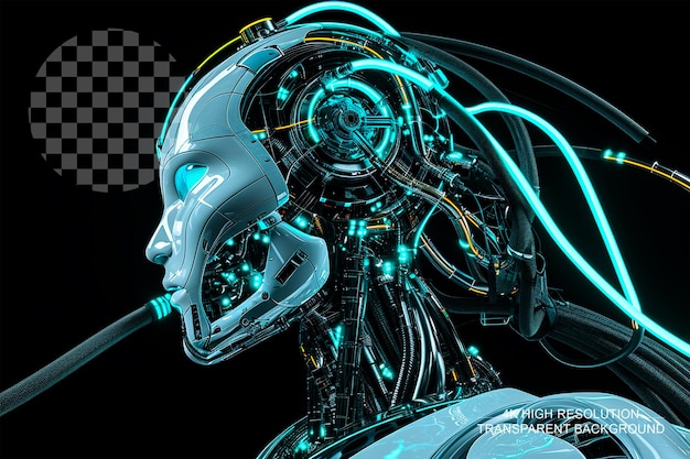 PSD grande connexion de câble attachée à la tête du robot représentation artistique sur fond transparent