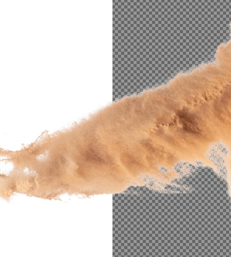PSD grande dimensione sabbia volante esplosione ondata di grano dorato esplodere mosca nuvola astratta spruzzo di sabbia di colore giallo lanciando in aria sfondo bianco obturatore ad alta velocità isolato lanciando congelamento stop motion