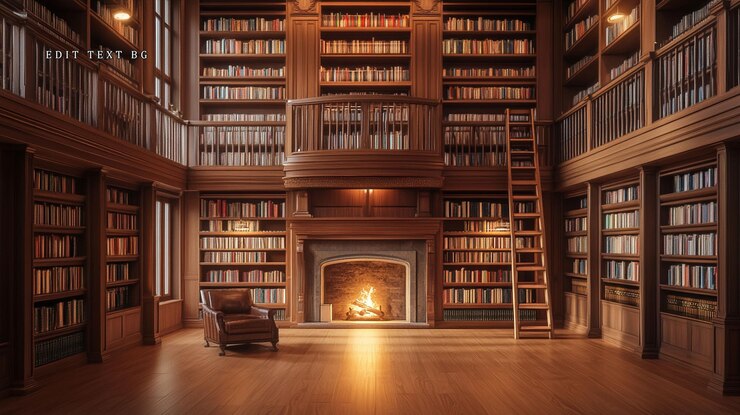 PSD grande interior da biblioteca com estantes de livros de lareira e poltrona de couro