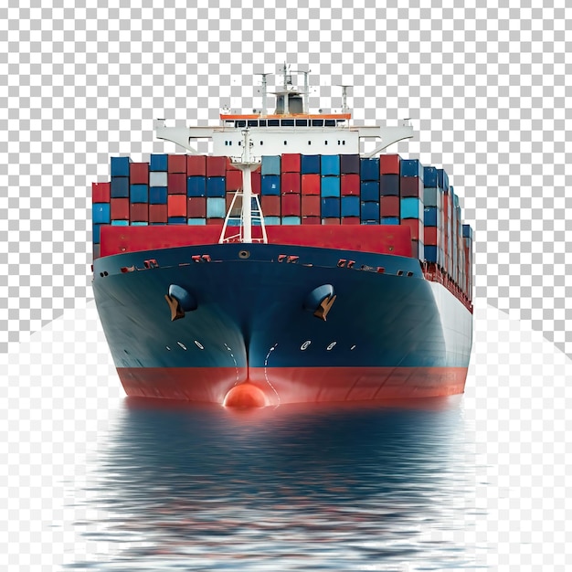 Grande navio de carga em fundo transparente refletindo na água