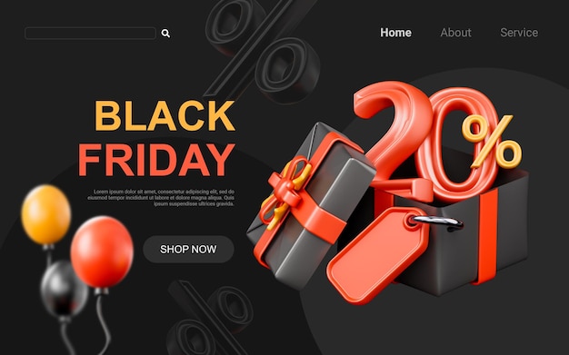 grande oferta 20 por cento de desconto com conceito de renderização 3d tag de venda giftbox para evento de sexta-feira negra