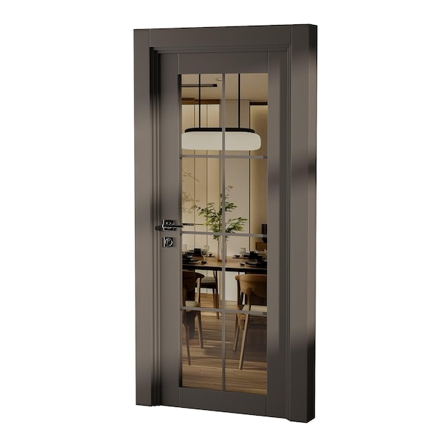 Une grande porte en verre avec un reflet d'une salle à manger