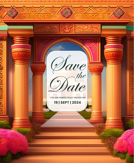 PSD grande templo pilares floral casamento salve a data cartão festivo arco floral e pilares casamento indiano
