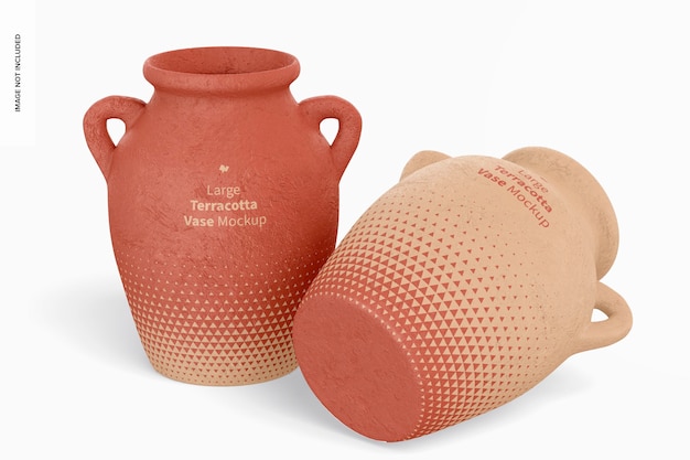 Grandi vasi in terracotta con manici mockup, in piedi e caduti