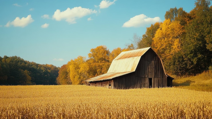 PSD une grange rustique dans un champ d'automne doré
