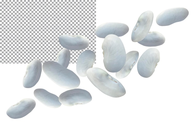 Grani di fagioli bianchi caotici volanti isolati su uno sfondo trasparente