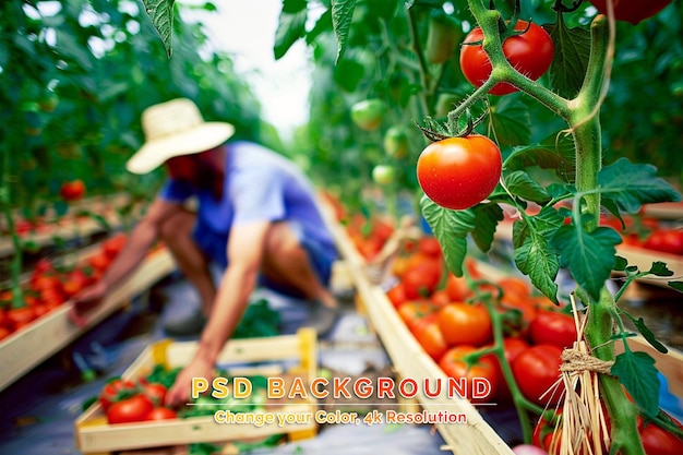 Granja de alimentos orgánicos agricultor recogiendo verduras de tomate frescas y maduras y poniéndolas en cajas de madera