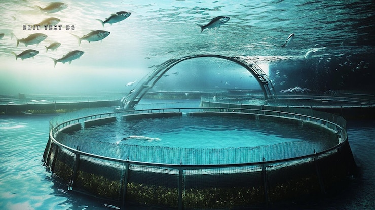 PSD granja de peces submarinos con recintos circulares y peces que nadan libremente