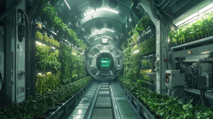 PSD una granja vertical cerrada futurista con un portal brillante al final del pasillo