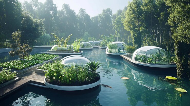 PSD las granjas hidroponicas flotantes sostenibles en un entorno tranquilo de laguna, cúpulas de vidrio exuberantes y aguas tranquilas crean un paisaje agrícola sereno e innovador.