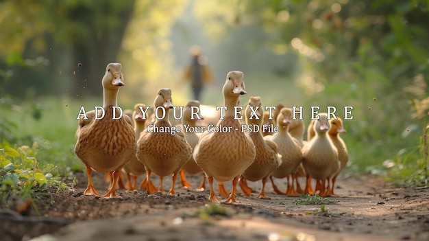 PSD un granjero caminando con sus patitos en una granja en el campo