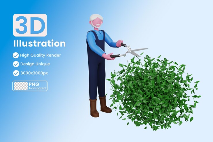 PSD granjero, corte, árbol, con, grande, tijera, 3d, ilustración