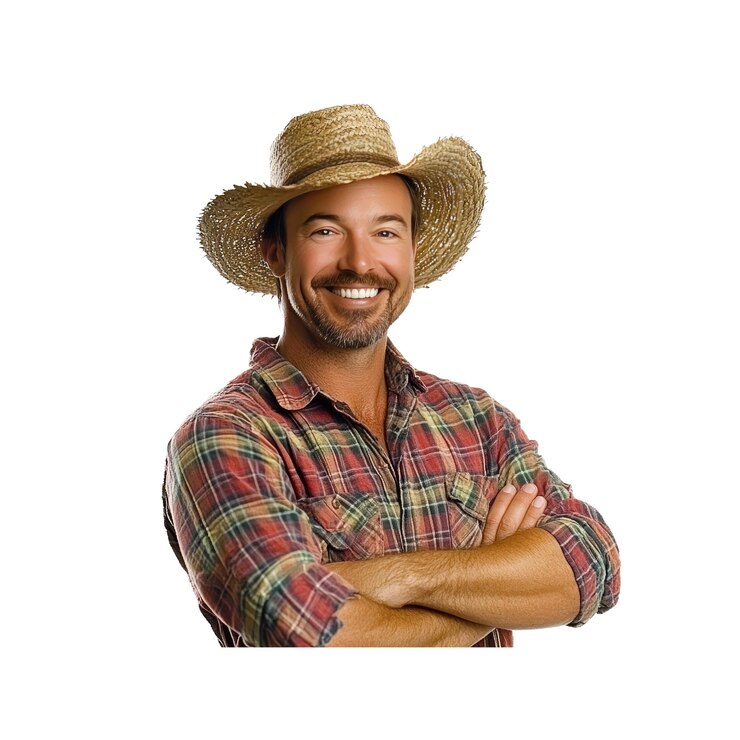 PSD un granjero feliz con un sombrero de paja y una camisa a cuadros