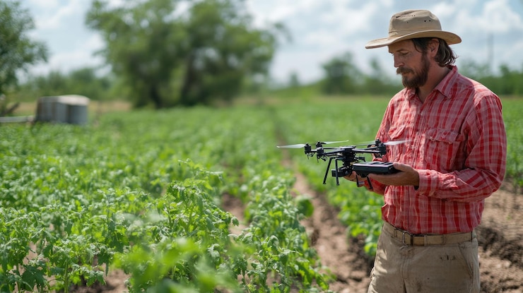 PSD un granjero usa un avión no tripulado para inspeccionar sus plantas de tomate en un campo