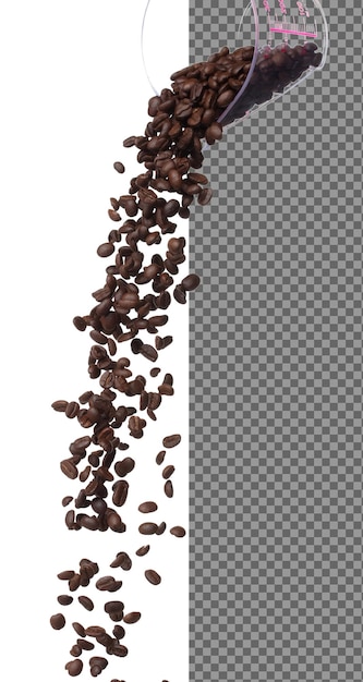 El grano de café cae, se vierte, las semillas de café flotan, explotan, la nube abstracta vuela, los granos de café salpican, se lanzan en el aire, el fondo blanco, el obturador de alta velocidad aislado, el movimiento de congelación.