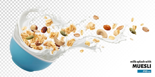 Granola com respingos de leite isolado no fundo branco