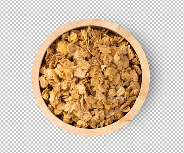 Granola dans un bol en bois isolé sur couche alpha