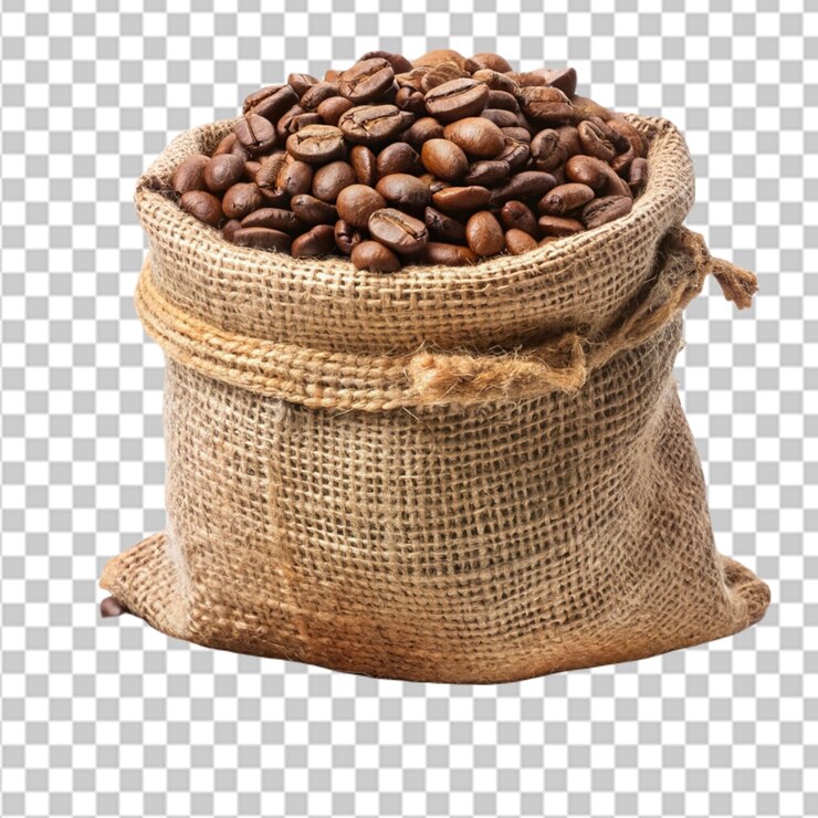 PSD granos de café de alta calidad en un saco de tela